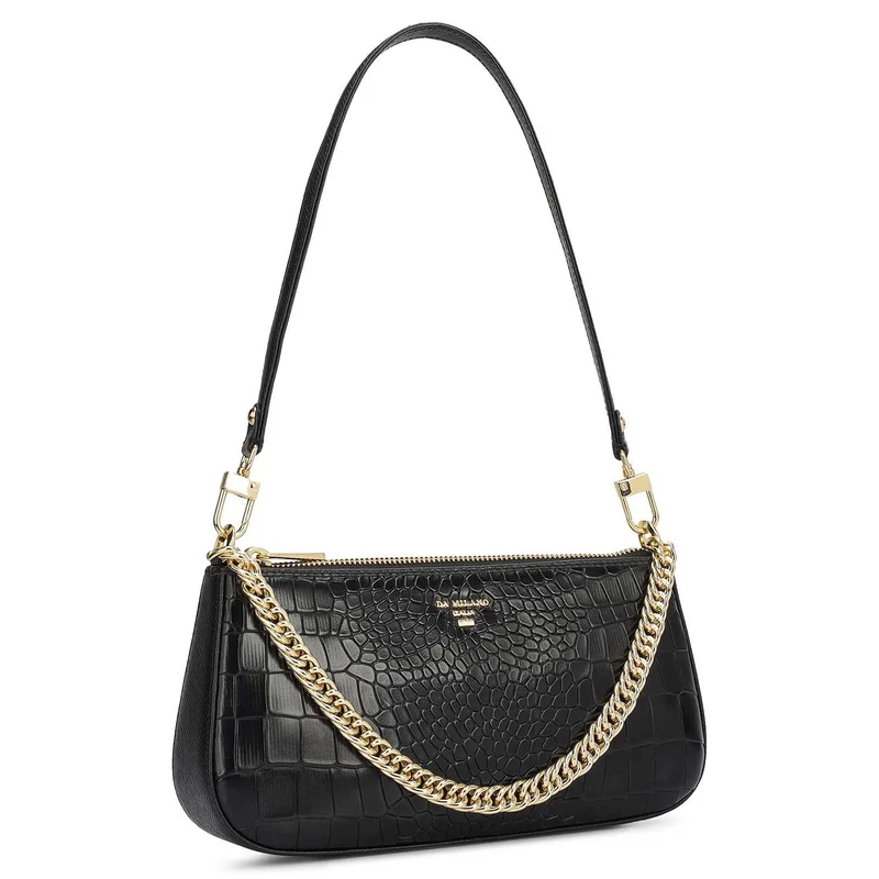 Da Milano Small Croco Leather Baguette - Black